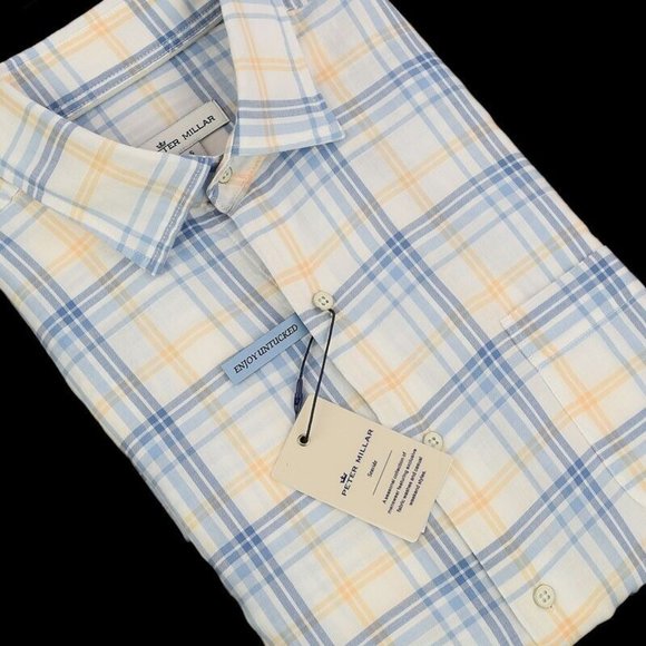 PETER MILLAR SEASIDE Blue Surf Long Beach Check Long Sleeve Shirt SMALL NWT